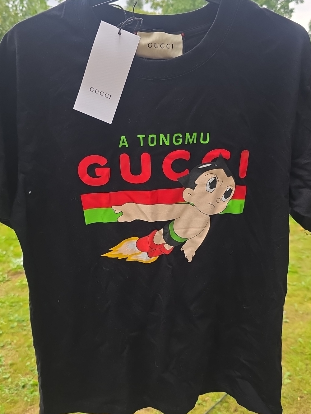 Gucci Black Tee with Red & Green Logo and Cartoon Graphic